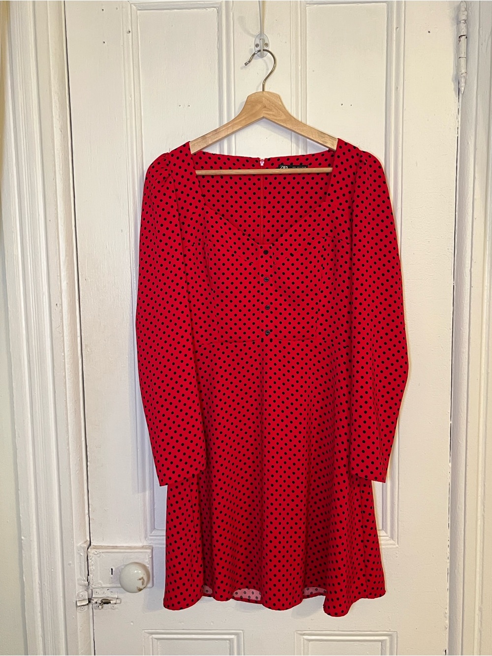 Zara Red Dress with Black Polka Dots, Long Sleeve